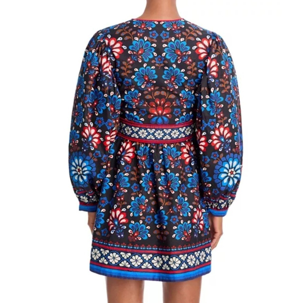 FARM RIO Latina Scarf Mini Dress Sz Medium Blue Mosaic Floral Cotton Long Sleeve - Picture 5 of 16